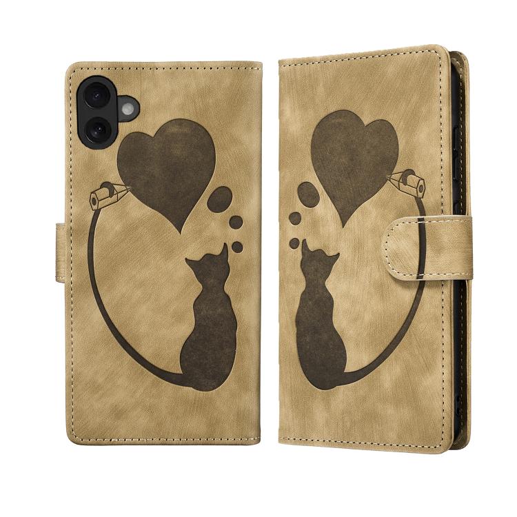 Pen Heart Cat Embossed Leather Phone Case, For iPhone 17 Pro Max, For iPhone 17 Pro, For iPhone 17, For iPhone Air, For iPhone 15 Pro Max, For iPhone 15 Pro, For iPhone 15 Plus, For iPhone 15