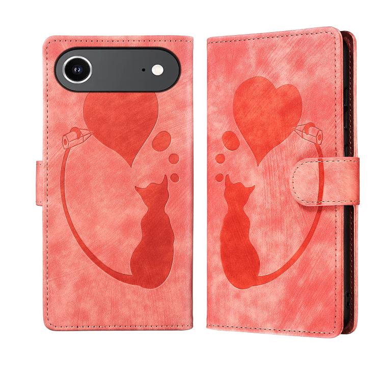 Pen Heart Cat Embossed Leather Phone Case, For iPhone 17 Pro Max, For iPhone 17 Pro, For iPhone 17, For iPhone Air, For iPhone 15 Pro Max, For iPhone 15 Pro, For iPhone 15 Plus, For iPhone 15