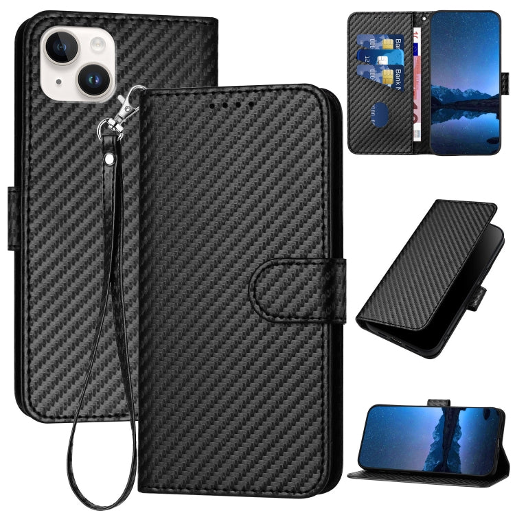 YX0070 Carbon Fiber Buckle Leather Phone Case with Lanyard, For iPhone 16 Pro, For iPhone 16 Plus, For iPhone 16, For iPhone 15 Pro Max, For iPhone 15 Pro, For iPhone 15 Plus