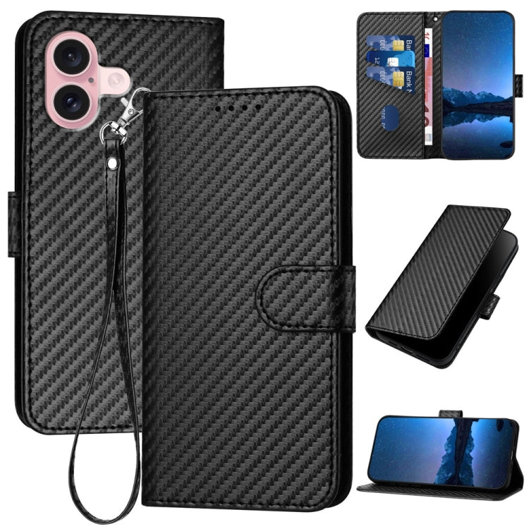 YX0070 Carbon Fiber Buckle Leather Phone Case with Lanyard, For iPhone 16 Pro, For iPhone 16 Plus, For iPhone 16, For iPhone 15 Pro Max, For iPhone 15 Pro, For iPhone 15 Plus