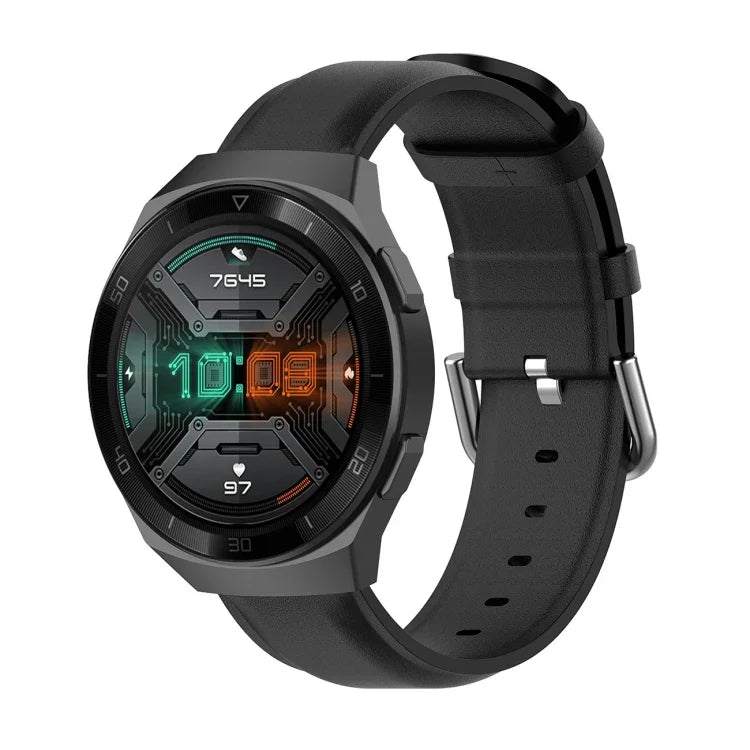 22mm Leather Strap with Round Tail Buckle, For Ticwatch Pro 2020, For Huawei Watch GT2E, For Samsung Galaxy Watch 3 45mm