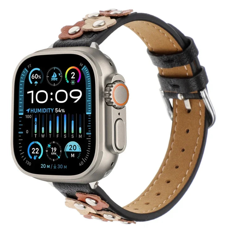 Stitched Flower Leather Watch Band, For Apple Watch SE 2023 44mm, For Apple Watch SE 2023 40mm, For Apple Watch Ultra 2 49mm, For Apple Watch Series 9 45mm, For Apple Watch Series 9 41mm, For Apple Watch Ultra 49mm, For Apple Watch Series 8 41mm       ...