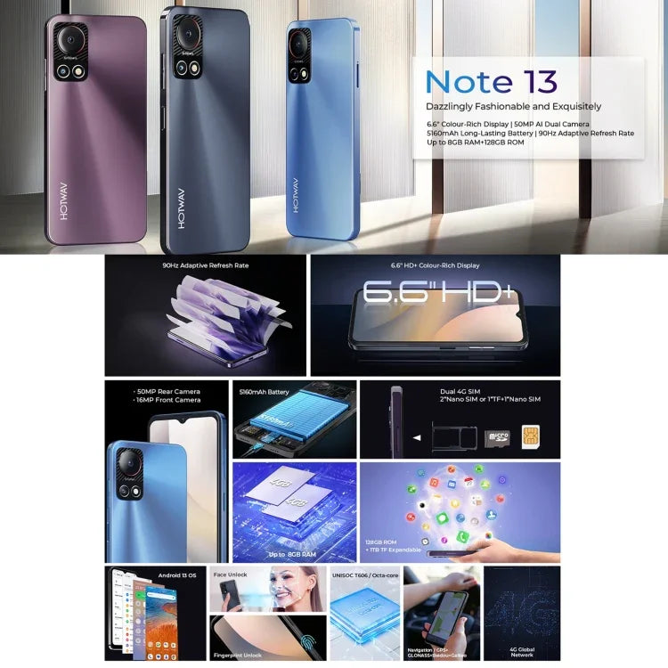 HOTWAV Note 13, Side Fingerprint Identification, 6.6 inch Android 13 T606 Octa Core up to 1.6GHz, Network: 4G, OTG, 4GB+128GB