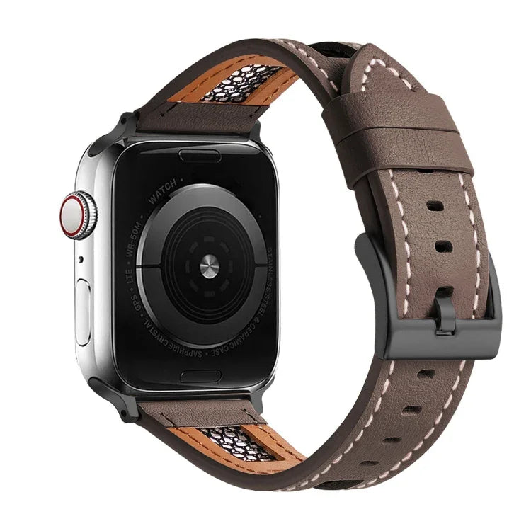 Mesh Calfskin Genuine Leather Watch Band, For Apple Watch SE 2023 44mm, For Apple Watch SE 2023 40mm, For Apple Watch Ultra 2 49mm, For Apple Watch Series 9 45mm, For Apple Watch Series 9 41mm, For Apple Watch Ultra 49mm