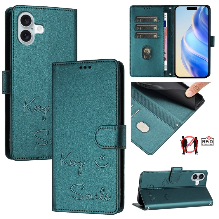 Smile Embossing RFID Leather Phone Case, For iPhone 17 Pro Max, For iPhone 17 Pro, For iPhone 17, For iPhone Air, For iPhone SE 2024, For iPhone 16 Pro Max, For iPhone 16 Pro, For iPhone 16 Plus