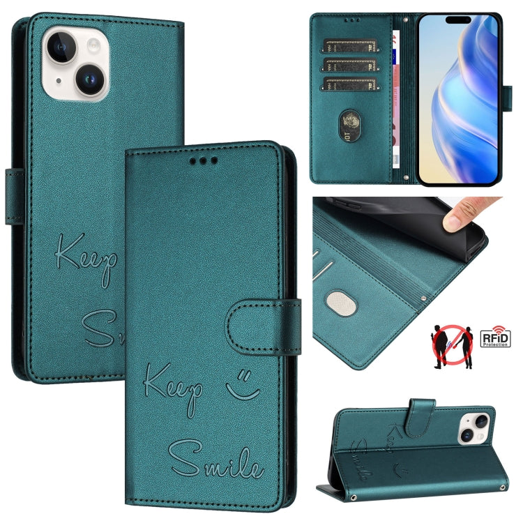Smile Embossing RFID Leather Phone Case, For iPhone 16, For iPhone 15 Pro Max, For iPhone 15 Pro, For iPhone 15 Plus, For iPhone 15, For iPhone 14 Plus, For iPhone 14 / 13, For iPhone 14 Pro