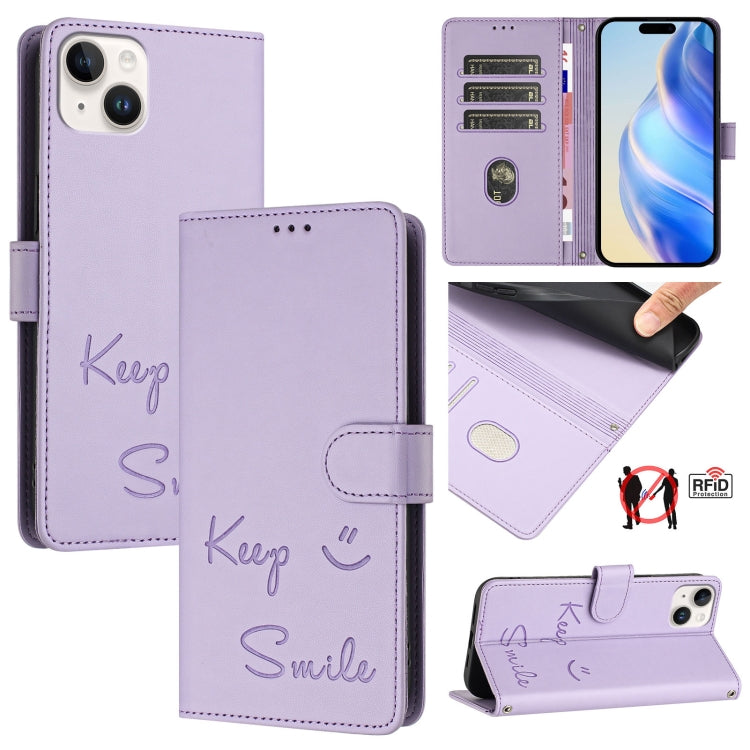 Smile Embossing RFID Leather Phone Case, For iPhone 16, For iPhone 15 Pro Max, For iPhone 15 Pro, For iPhone 15 Plus, For iPhone 15, For iPhone 14 Plus, For iPhone 14 / 13, For iPhone 14 Pro