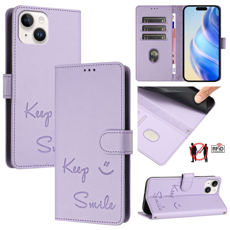 Smile Embossing RFID Leather Phone Case, For iPhone 16, For iPhone 15 Pro Max, For iPhone 15 Pro, For iPhone 15 Plus, For iPhone 15, For iPhone 14 Plus, For iPhone 14 / 13, For iPhone 14 Pro
