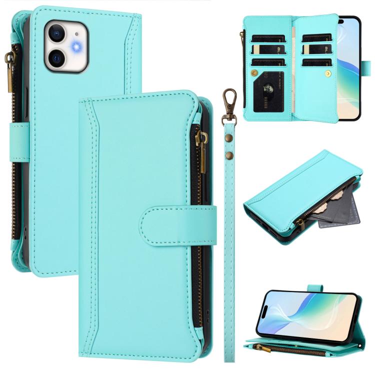 Magnetic Closure 9 Card Slots Zipper Leather Case with Hand Strap, For iPhone 14 Pro Max, For iPhone SE 2022 / 2020 / 8 / 7, For iPhone 13 Pro Max, For iPhone 13 Pro, For iPhone 13 mini, For iPhone 12 / 12 Pro, For iPhone 12 Pro Max, For iPhone 12 mini