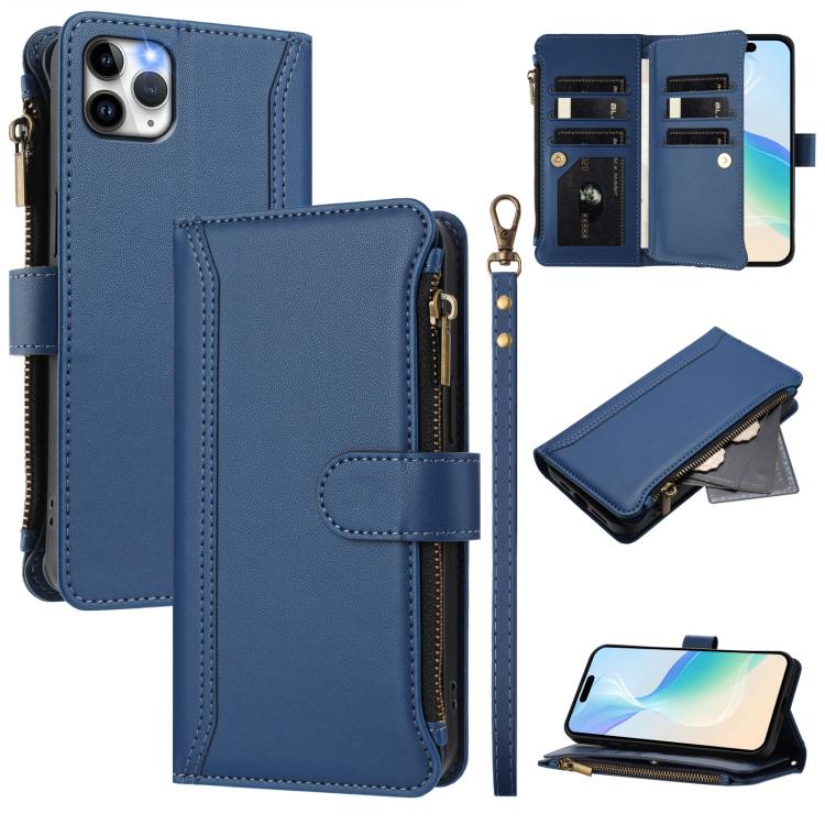 Magnetic Closure 9 Card Slots Zipper Leather Case with Hand Strap, For iPhone 11 Pro Max, For iPhone 11, For iPhone 11 Pro, For iPhone XS / X, For iPhone XR, For iPhone XS Max, For iPhone 8 Plus / 7 Plus