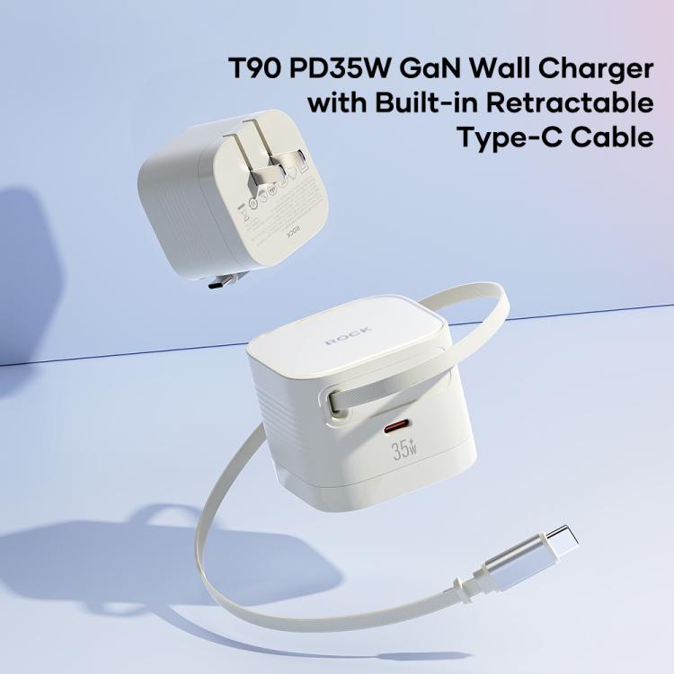 ROCK T90 PD35W Type-C Single Port GaN Wall Charger with Type-C Retractable Cable, UK Plug, EU Plug