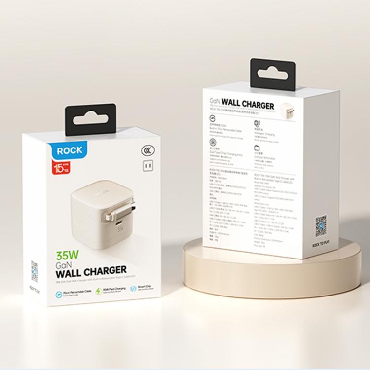 ROCK T90 PD35W Type-C Single Port GaN Wall Charger with Type-C Retractable Cable, UK Plug, EU Plug