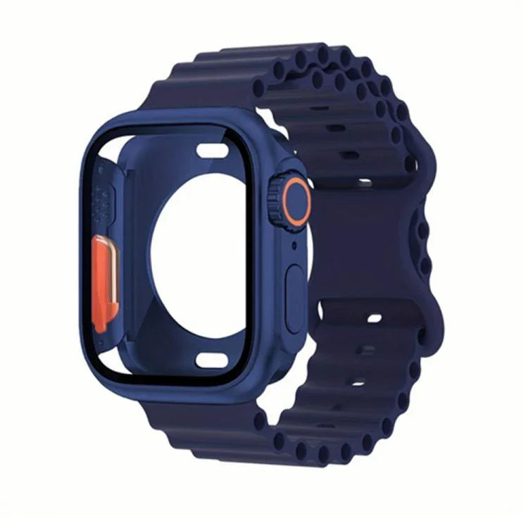 Butterfly Buckle Ocean Silicone Watch Band with Film Integrated PC Case, For Apple Watch Series 44mm, For Apple Watch Series 40mm, For Apple Watch Series 10 / 11 46mm, For Apple Watch Series 10 / 11 42mm, For Apple Watch Series 45mm                    ...