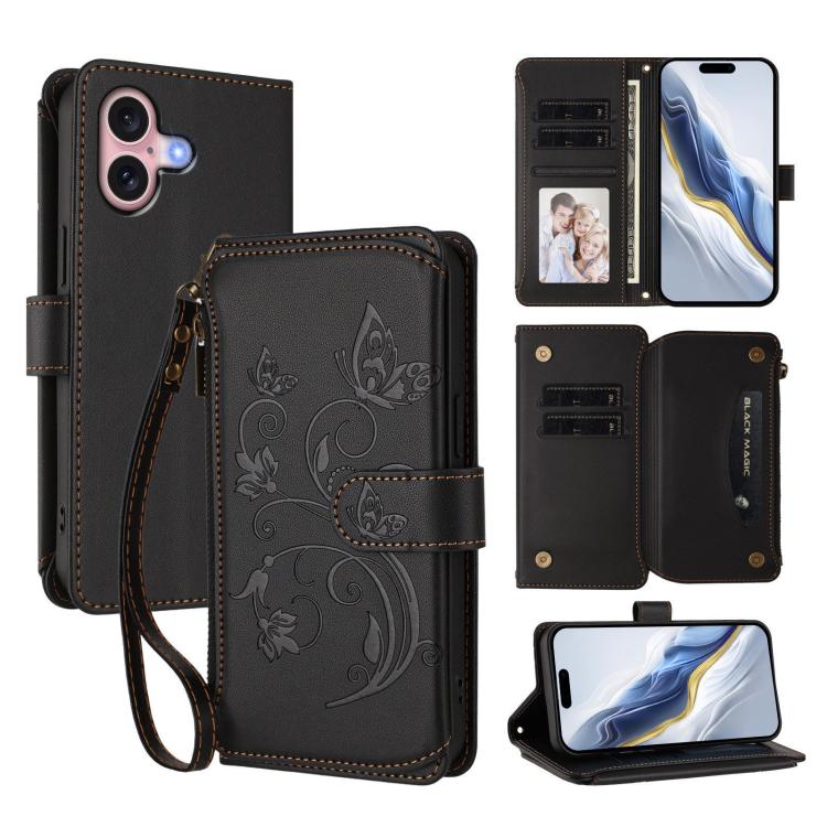 Butterfly Love Flower Multi-card Zipper Wallet Leather Phone Case, For iPhone 16 Pro, For iPhone 16 Plus, For iPhone 16, For iPhone 15 Pro Max, For iPhone 15 Pro, For iPhone 15 Plus