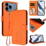 Embossed Heart Cat Leather Phone Case with Hand Strap, For iPhone 17e / 16e, For iPhone 17 Pro Max, For iPhone 17 Pro, For iPhone 17