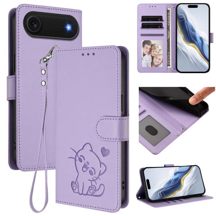 Embossed Heart Cat Leather Phone Case with Hand Strap, For iPhone Air, For iPhone 16 Pro Max, For iPhone 16 Pro, For iPhone 16 Plus