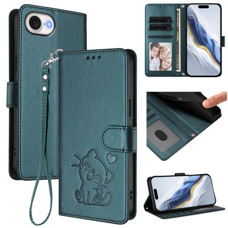 Embossed Heart Cat Leather Phone Case with Hand Strap, For iPhone 17e / 16e, For iPhone 17 Pro Max, For iPhone 17 Pro, For iPhone 17
