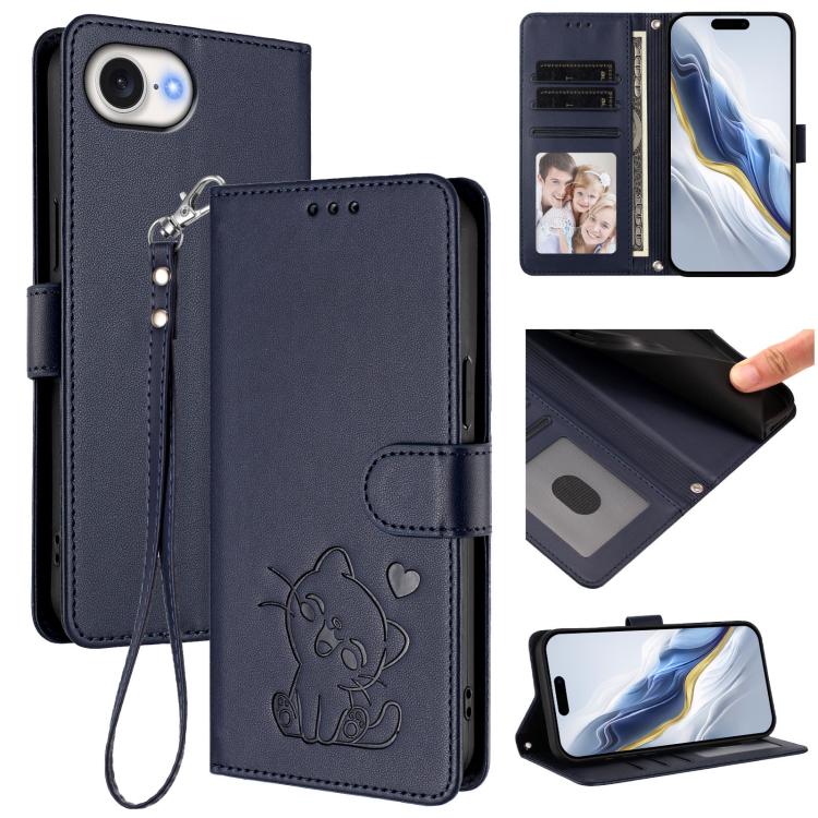 Embossed Heart Cat Leather Phone Case with Hand Strap, For iPhone 17e / 16e, For iPhone 17 Pro Max, For iPhone 17 Pro, For iPhone 17