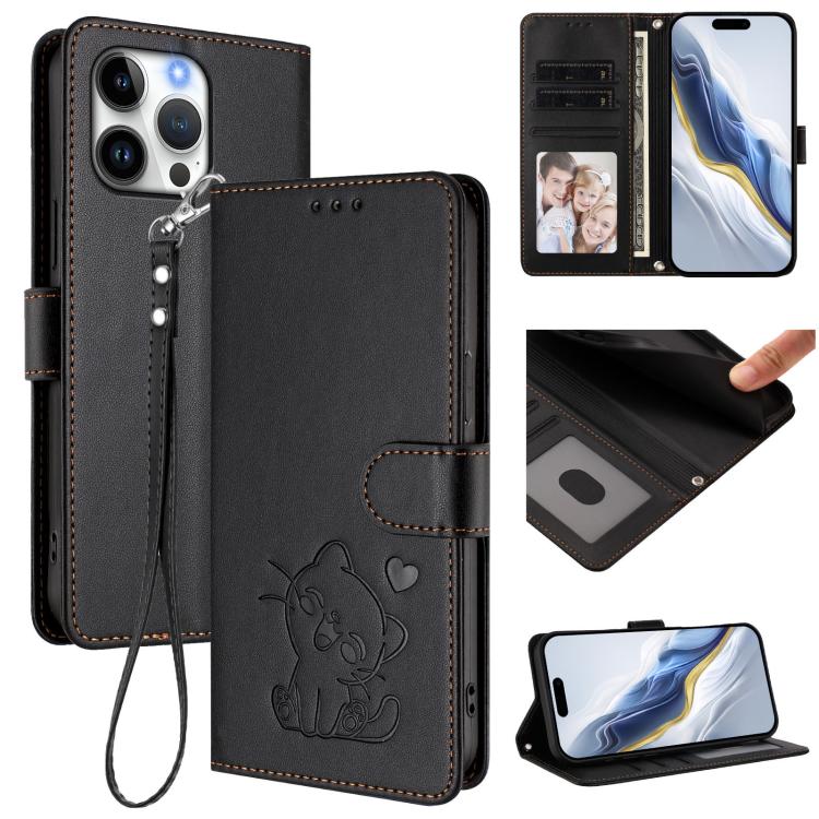 Embossed Heart Cat Leather Phone Case with Hand Strap, For iPhone Air, For iPhone 16 Pro Max, For iPhone 16 Pro, For iPhone 16 Plus