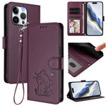Embossed Heart Cat Leather Phone Case with Hand Strap, For iPhone Air, For iPhone 16 Pro Max, For iPhone 16 Pro, For iPhone 16 Plus