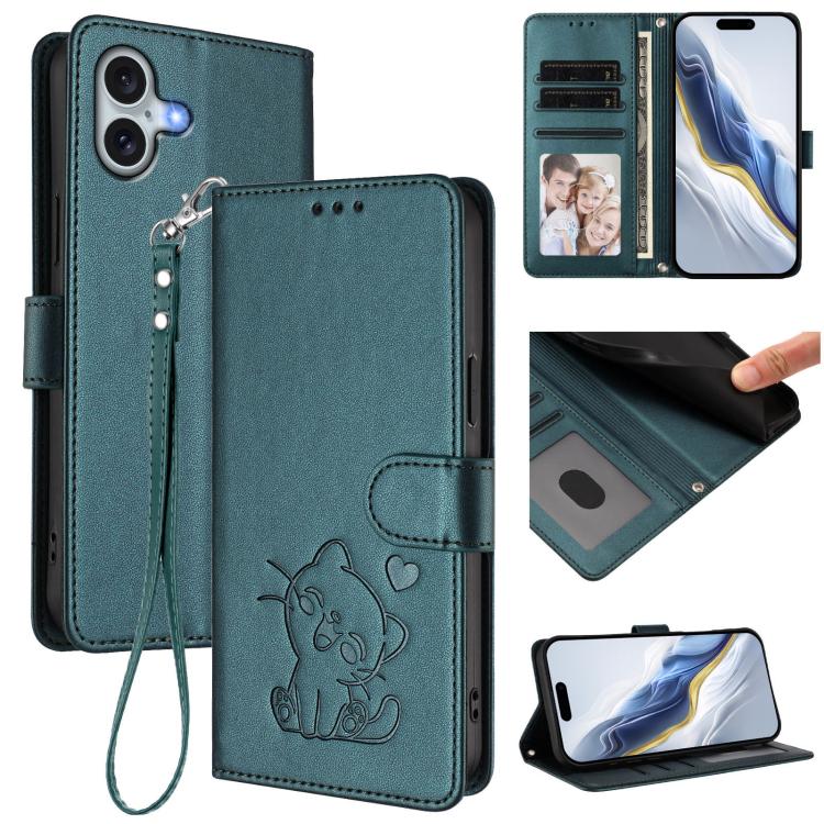 Embossed Heart Cat Leather Phone Case with Hand Strap, For iPhone Air, For iPhone 16 Pro Max, For iPhone 16 Pro, For iPhone 16 Plus