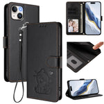 Embossed Heart Cat Leather Phone Case with Hand Strap, For iPhone 15, For iPhone 14 Plus, For iPhone 14 / 13, For iPhone 14 Pro
