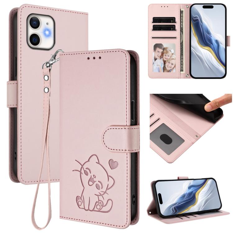 Embossed Heart Cat Leather Phone Case with Hand Strap, For iPhone 13 mini, For iPhone 12 / 12 Pro, For iPhone 12 Pro Max, For iPhone 12 mini