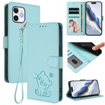 Embossed Heart Cat Leather Phone Case with Hand Strap, For iPhone 13 mini, For iPhone 12 / 12 Pro, For iPhone 12 Pro Max, For iPhone 12 mini