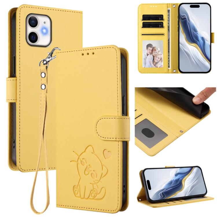 Embossed Heart Cat Leather Phone Case with Hand Strap, For iPhone 13 mini, For iPhone 12 / 12 Pro, For iPhone 12 Pro Max, For iPhone 12 mini