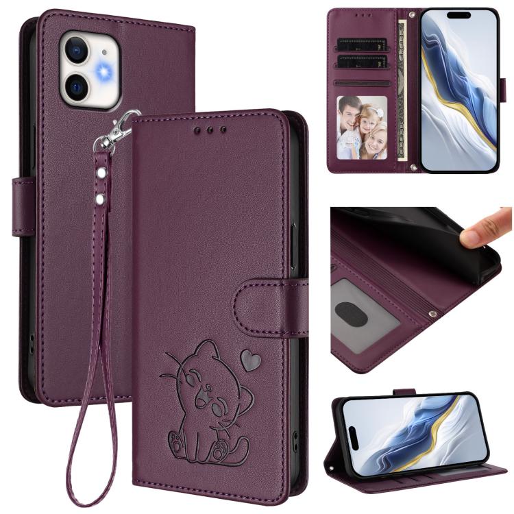 Embossed Heart Cat Leather Phone Case with Hand Strap, For iPhone 13 mini, For iPhone 12 / 12 Pro, For iPhone 12 Pro Max, For iPhone 12 mini