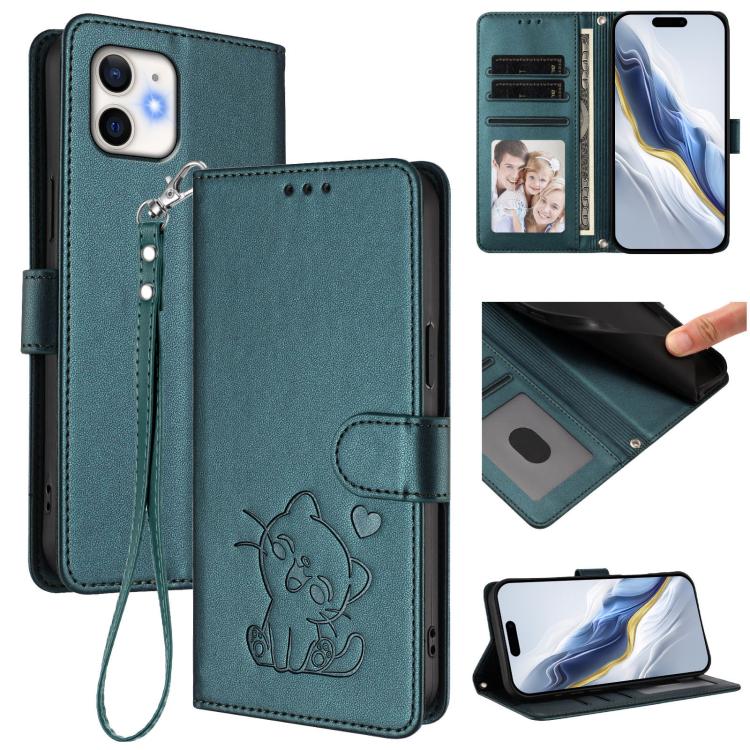 Embossed Heart Cat Leather Phone Case with Hand Strap, For iPhone 13 mini, For iPhone 12 / 12 Pro, For iPhone 12 Pro Max, For iPhone 12 mini