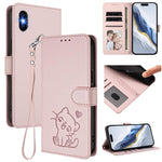Embossed Heart Cat Leather Phone Case with Hand Strap, For iPhone 11 Pro Max, For iPhone 11, For iPhone 11 Pro, For iPhone X / XS