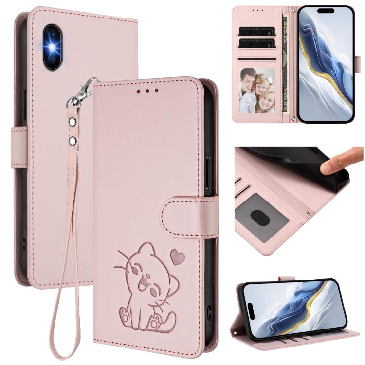 Embossed Heart Cat Leather Phone Case with Hand Strap, For iPhone XR, For iPhone XS Max, For iPhone 7 Plus / 8 Plus