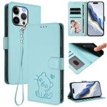 Embossed Heart Cat Leather Phone Case with Hand Strap, For iPhone 15, For iPhone 14 Plus, For iPhone 14 / 13, For iPhone 14 Pro