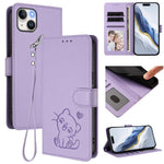 Embossed Heart Cat Leather Phone Case with Hand Strap, For iPhone 13 mini, For iPhone 12 / 12 Pro, For iPhone 12 Pro Max, For iPhone 12 mini