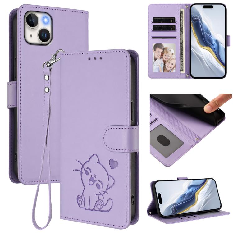 Embossed Heart Cat Leather Phone Case with Hand Strap, For iPhone 13 mini, For iPhone 12 / 12 Pro, For iPhone 12 Pro Max, For iPhone 12 mini
