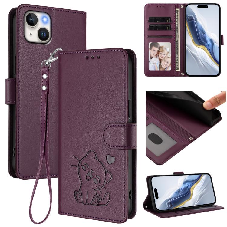 Embossed Heart Cat Leather Phone Case with Hand Strap, For iPhone 13 mini, For iPhone 12 / 12 Pro, For iPhone 12 Pro Max, For iPhone 12 mini