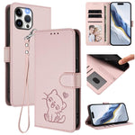 Embossed Heart Cat Leather Phone Case with Hand Strap, For iPhone 13 mini, For iPhone 12 / 12 Pro, For iPhone 12 Pro Max, For iPhone 12 mini