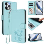 Embossed Heart Cat Leather Phone Case with Hand Strap, For iPhone 13 mini, For iPhone 12 / 12 Pro, For iPhone 12 Pro Max, For iPhone 12 mini