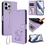 Embossed Heart Cat Leather Phone Case with Hand Strap, For iPhone 13 mini, For iPhone 12 / 12 Pro, For iPhone 12 Pro Max, For iPhone 12 mini