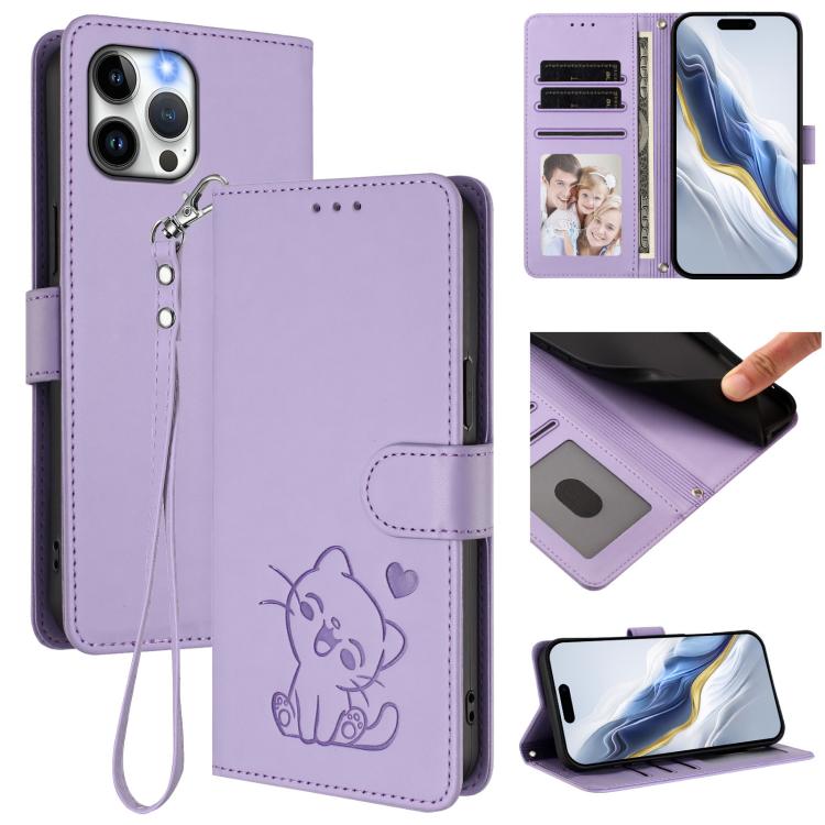 Embossed Heart Cat Leather Phone Case with Hand Strap, For iPhone 13 mini, For iPhone 12 / 12 Pro, For iPhone 12 Pro Max, For iPhone 12 mini