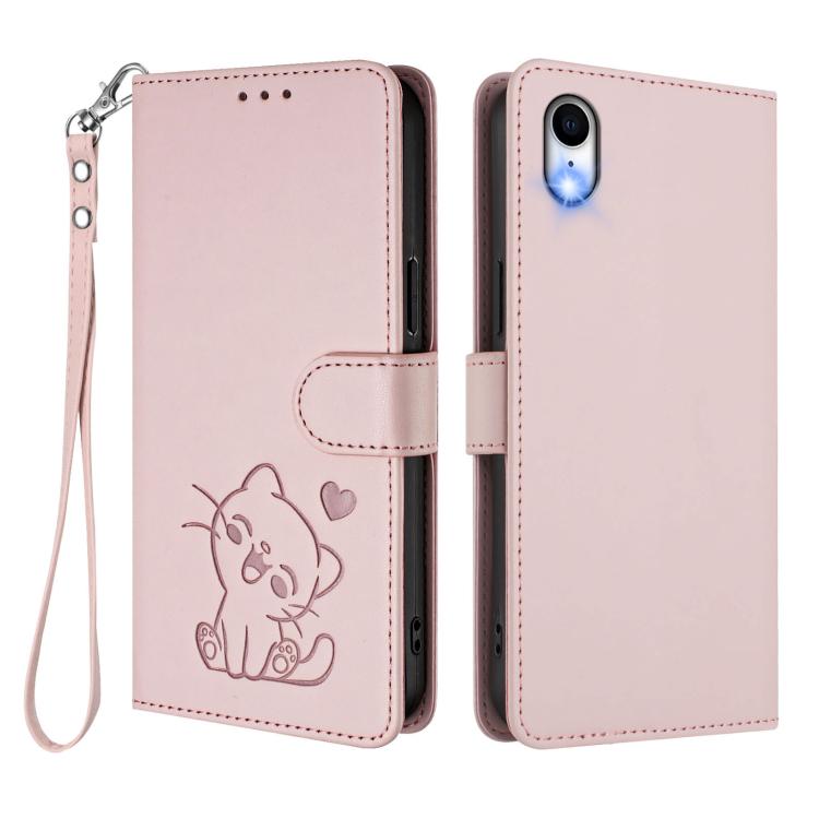 Embossed Heart Cat Leather Phone Case with Hand Strap, For iPhone XR, For iPhone XS Max, For iPhone 7 Plus / 8 Plus