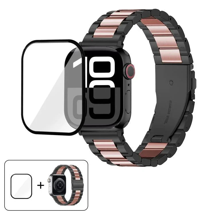 Three Beads Stainless Steel Watch Band with 3D Curved Film, For Apple Watch Ultra 2 / 1 49mm, For Apple Watch Series 45mm, For Apple Watch Series 41mm, For Apple Watch Series 38mm