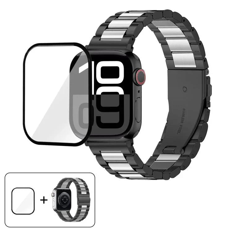 Three Beads Stainless Steel Watch Band with 3D Curved Film, For Apple Watch Ultra 2 / 1 49mm, For Apple Watch Series 45mm, For Apple Watch Series 41mm, For Apple Watch Series 38mm