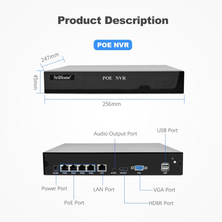 SriHome NVS005-POE030 3MP HD 4-CH POE Camera Network Video Recorder Kit, 3MP 4-CH
