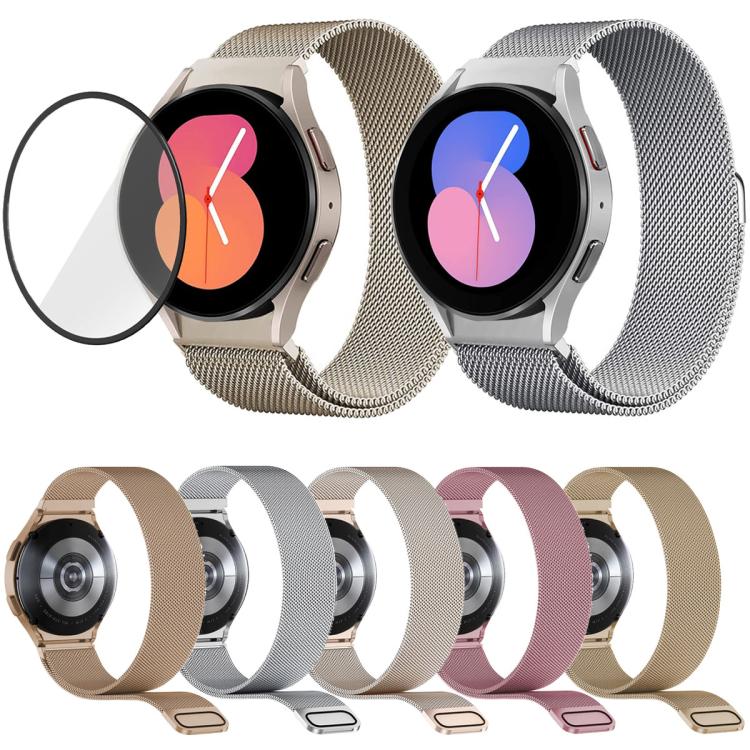 Milanese Magnetic Stainless Steel Watch Band with 3D Curved Film, For Samsung Galaxy Watch6 Classic 43mm, For Samsung Galaxy Watch5 44mm, For Samsung Galaxy Watch5 Pro 45mm, For Samsung Galaxy Watch5 40mm, For Samsung Galaxy Watch4 44mm                ...