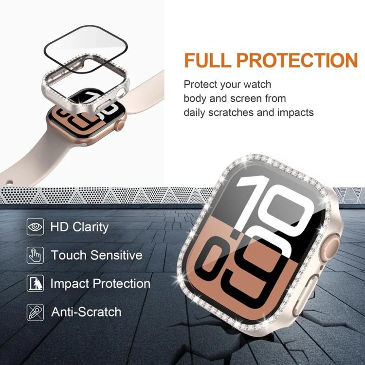 xDfind Single Row Diamond Tempered Glass Film Integrated PC Watch Case, For Apple Watch Series 44mm, For Apple Watch Series 40mm, For Apple Watch Series 11 46mm / 10 46mm, For Apple Watch Series 11 42mm / 10 42mm, For Apple Watch Ultra 3 / 2 / 1 49mm