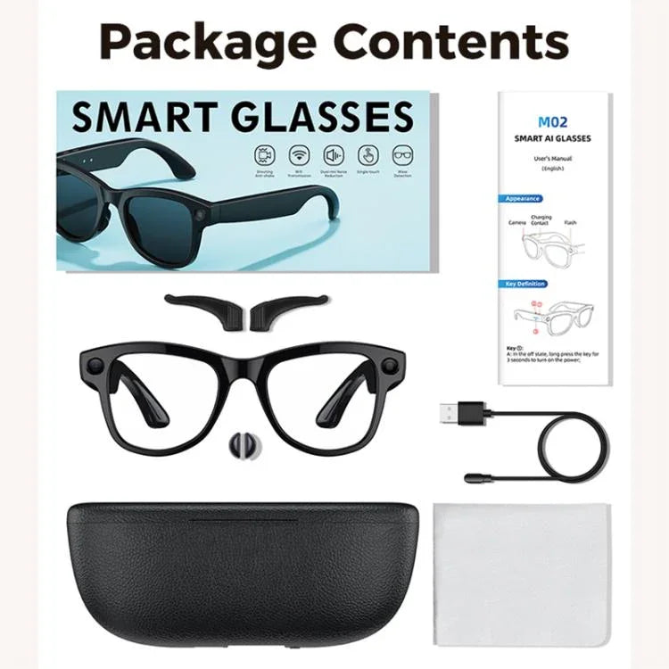M02 Ultra 8MP Camera AI Smart Glasses Photochromic Lenses, with Black Charging Case, with Brown Charging Case