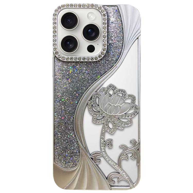 Electroplated TPU Lotus Hollow-carved  Rhinestone Glitter Phone Case, For iPhone 17 Pro Max, For iPhone 17 Pro, For iPhone 17, For iPhone 16 Pro Max, For iPhone 16 Pro, For iPhone 16, For iPhone 15 Pro Max, For iPhone 15 Pro