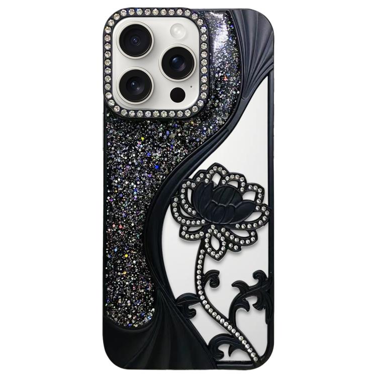 Electroplated TPU Lotus Hollow-carved  Rhinestone Glitter Phone Case, For iPhone 17 Pro Max, For iPhone 17 Pro, For iPhone 17, For iPhone 16 Pro Max, For iPhone 16 Pro, For iPhone 16, For iPhone 15 Pro Max, For iPhone 15 Pro